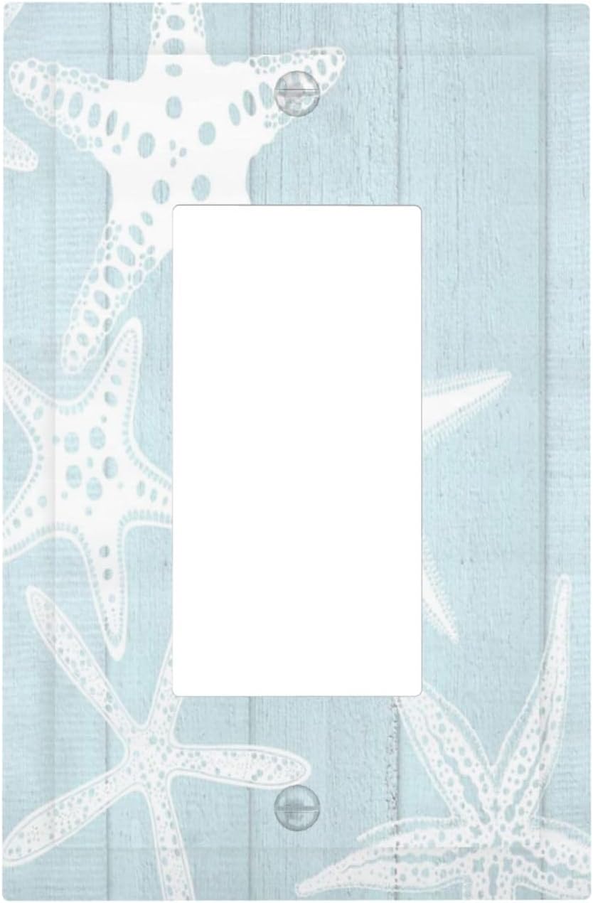 Beach Starfish Vintage Wood Rustic Country Ocean Decorative Outlet Covers 1 Gang Single Rocker Light Switch Cover Plate Wall Plates GFCI Faceplate for Farmhouse Kids Room Decor