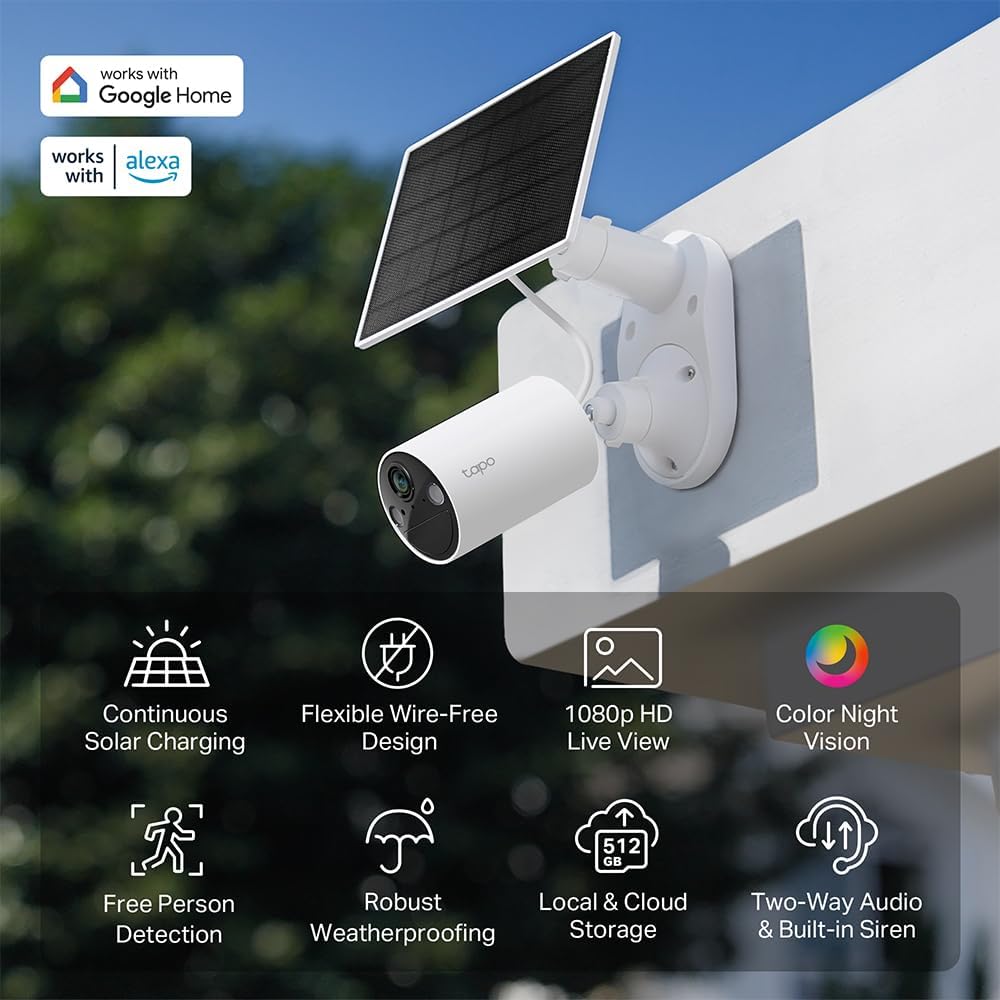 Tapo TP-Link 𝗧𝗮𝗽𝗼 SolarCam C402 Kit, Outdoor Battery Camera w/Solar Panel Base, Wireless, 1080P, Free Person Detection, SD/Cloud Storage, Color Night Vision, No Hub Needed, Works w/Alexa