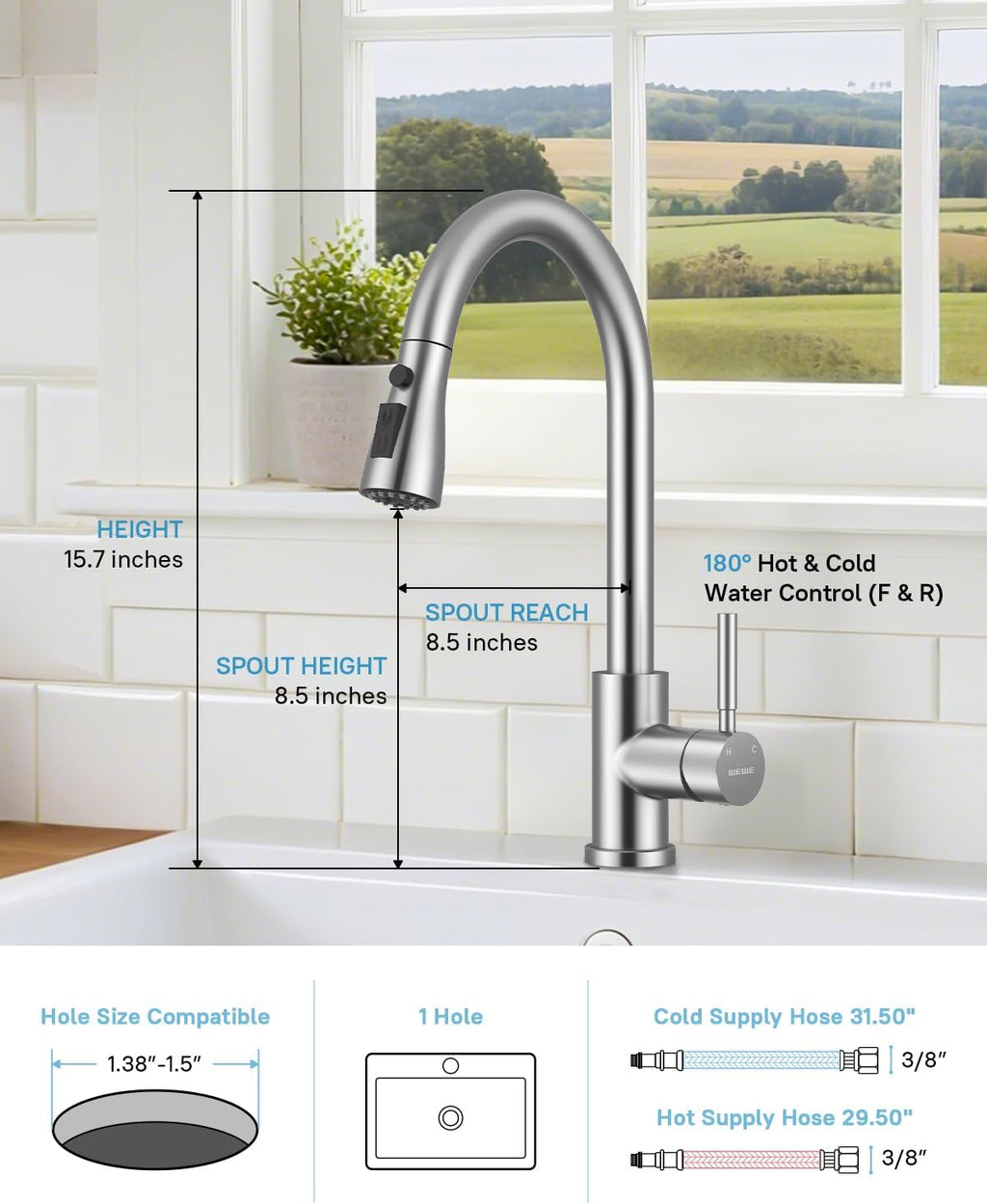 WEWE Kitchen Faucets with Pull Down Sprayer, Stainless Steel Single Handle 1 Hole for Family Kitchen Commercial Camper Laundry Rv Bar, Leak-Proof Brushed Nickel Bar Sink Faucet