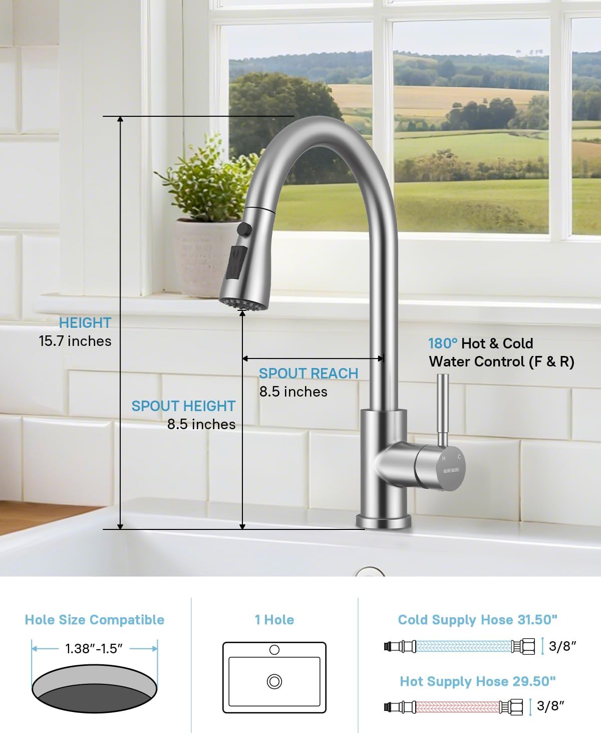 WEWE Kitchen Faucets with Pull Down Sprayer, Stainless Steel Single Handle 1 Hole for Family Kitchen Commercial Camper Laundry Rv Bar, Leak-Proof Brushed Nickel Bar Sink Faucet