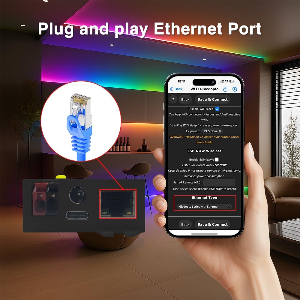 Elite ESP32 WLED LED Strip Controller with Ethernet Music Sound Reactive UART Energy Save Relay 20A Pluggable Fuse DIY Dynamic for WS2811 WS2812 SK6812 WS2815 Digital Addressable RGB IC Strip Light