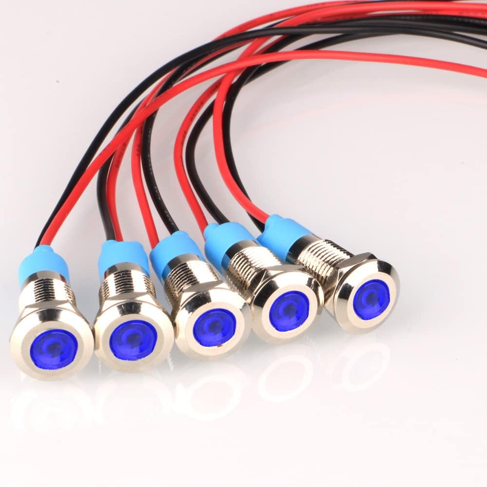 5pcs 8mm LED Metal Indicator Light AC/DC 12-24V Waterproof Signal Lamp Pilot Dash Directional with Wire(Blue)