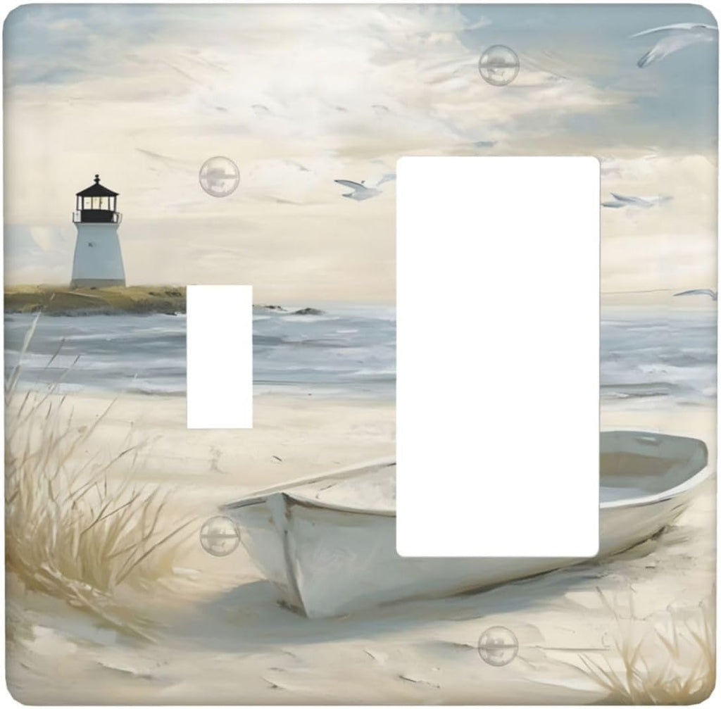 Decorative Outlet Covers Seascape Painting with Lighthouse Boats 2 Gang 1 Gang Wall Plate Single Toggle Rocker Light Switch Covers Switch Plate Cover for Bedroom Home Decor