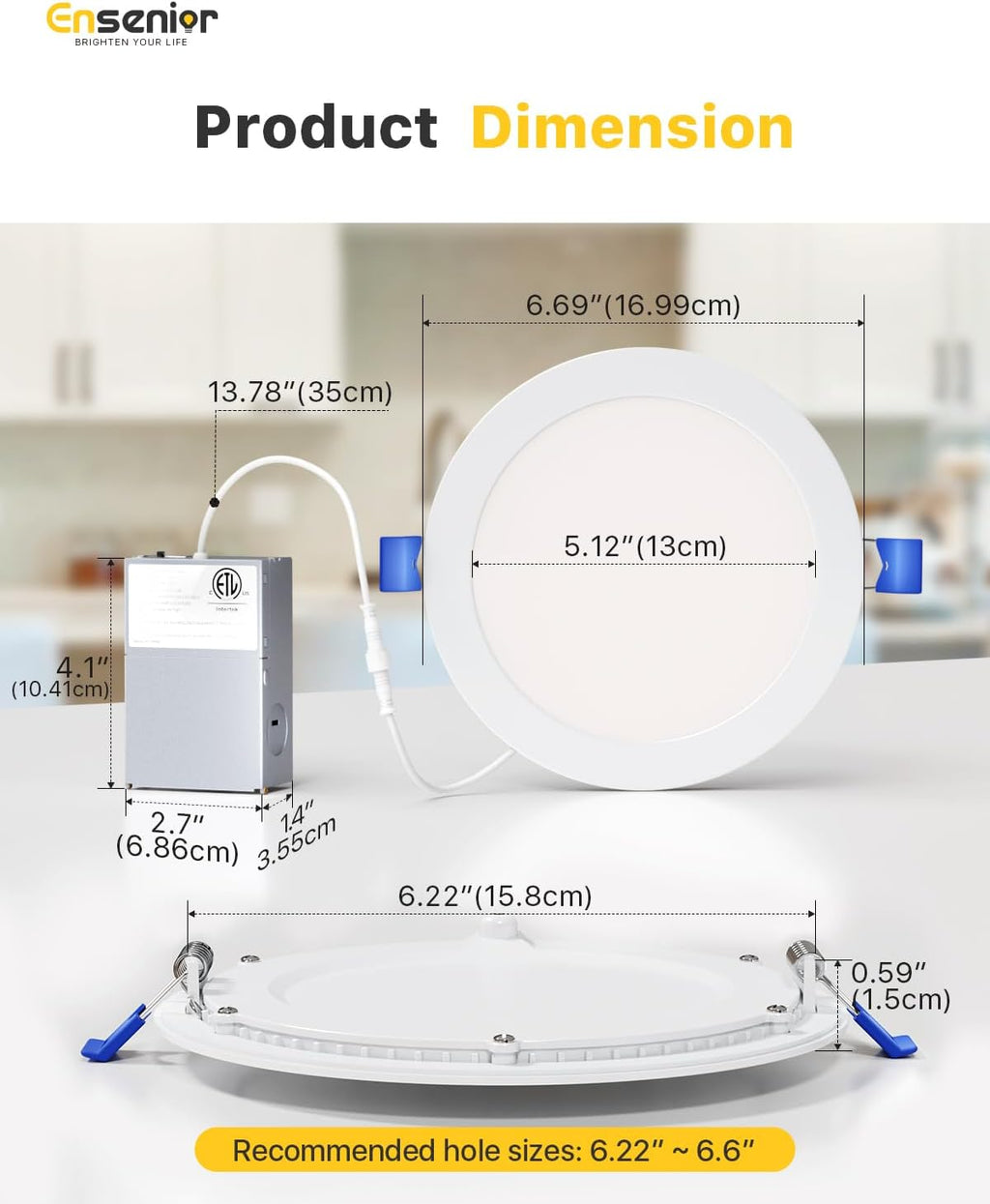 Ensenior 12 Pack 6 Inch LED Recessed Ceiling Light, Dimmable, 4000K Cool White, 1050LM 12W 120V, High Brightness Canless Wafer Downlight - ETL&FCC&IC