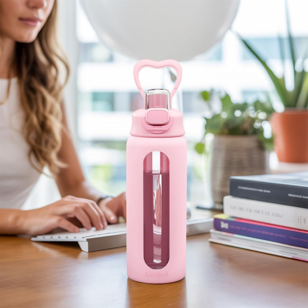 SANDJEST Glass Water Bottle with Silicone Sleeve 24oz with Lid, Motivational Time Marker, Drinking Hydration Glass Bottles for Men Women, Gym Travel Sports (Pink)