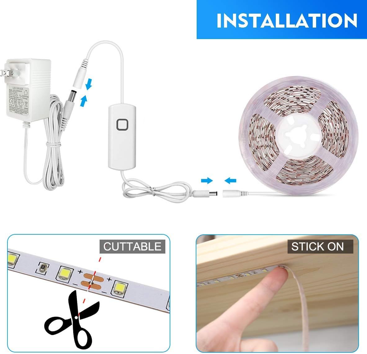 MYPLUS LED Strip Lights White, 16.4ft Daylight White 6000K LED Tape Lights with Dimmable 700 Lumen and 300 LEDs Bright Flexible Led Light Strip for Vanity Mirror,Under Cabinet,Kitchen,Bedroom