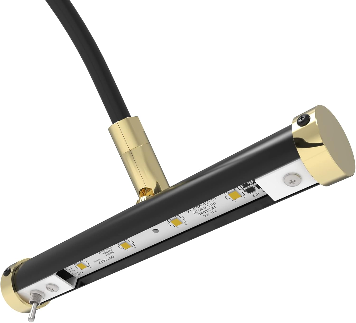 Cocoweb 9 Inch Tru-Slim Black and Brass Picture Light - LED, 2700K, Adjustable Arm, Plug-in, Toggle Switch, Sleek and Compact Design