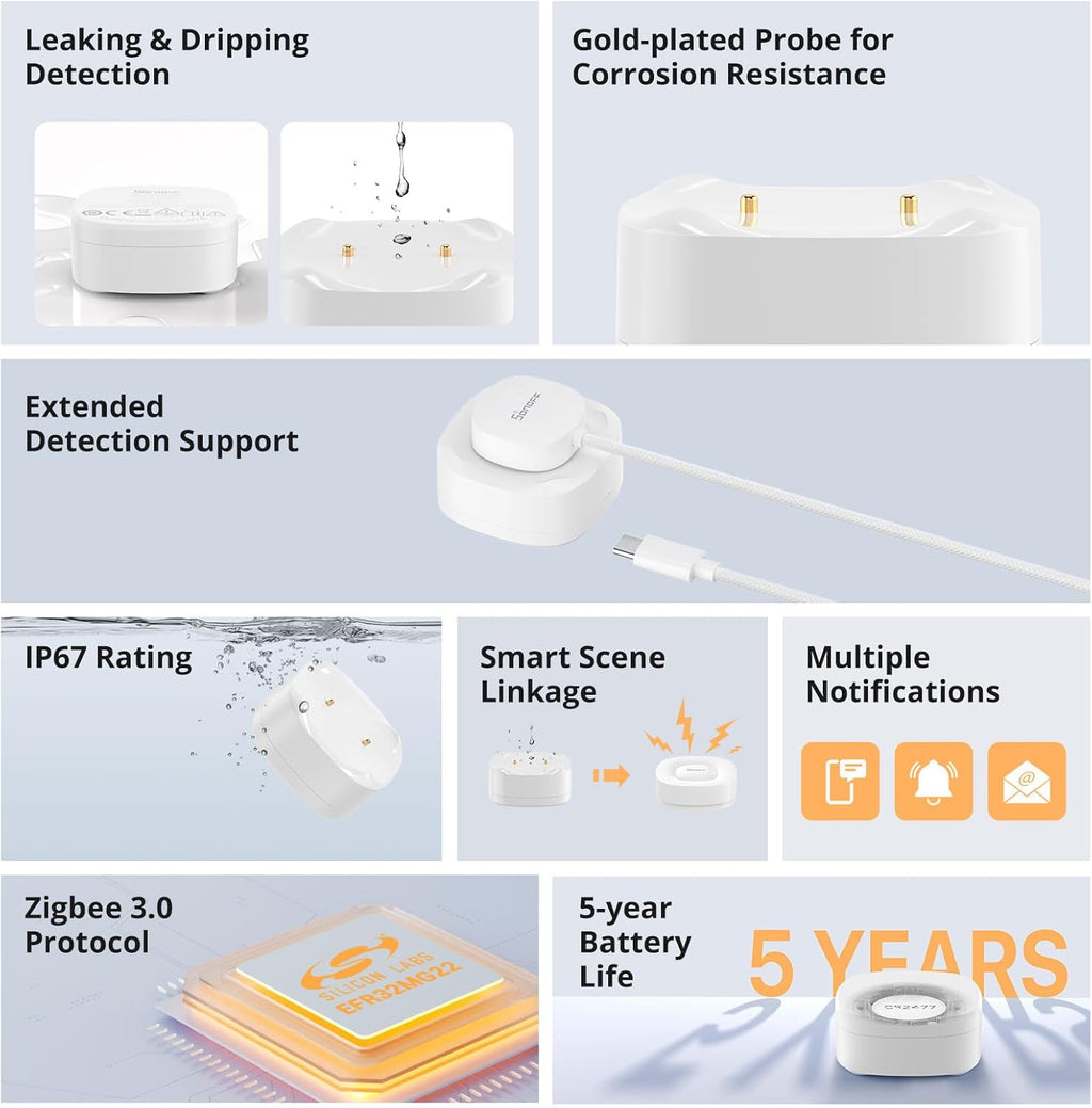 SONOFF SNZB-05P Zigbee Water Leak Sensor with Detection Cable for Alarm System and Smart Home Automation, Wireless Mini Flood Detector for Kitchen Bathroom Basement 1Pack