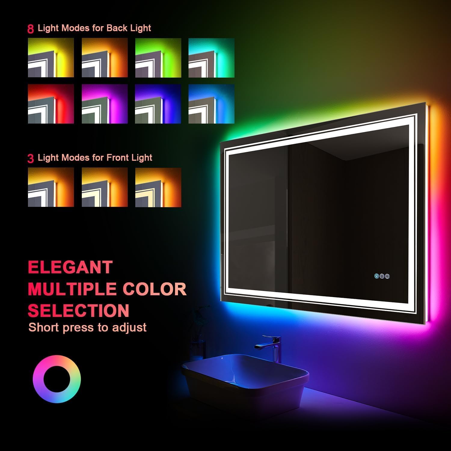 LED Mirror for Bathroom, 48"X40" with 8 RGB Backlit +3 Front Lit (Adjustable Individually), Anti-Fog, Large Lighted Bathroom Vanity Mirror for Wall,Shatterproof,Memory Function,Tempered Glass