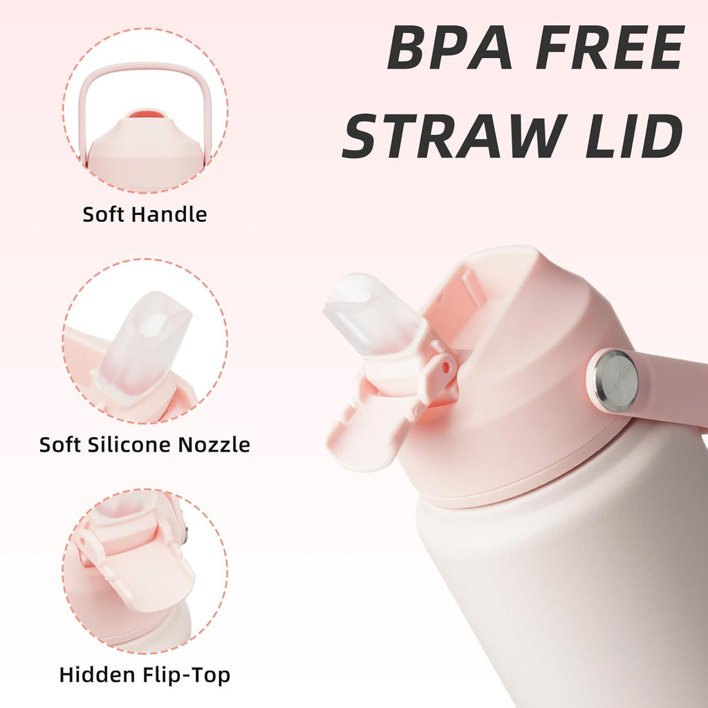 BJPKPK Water Bottle with Straw Lid, 24oz Vacuum Insulated Water Bottles, Metal Stainless Steel Thermo for Sports, Travel, BPA Free Leak Proof Thermo, Cups, Flasks, Tumblers,Pearl Pink