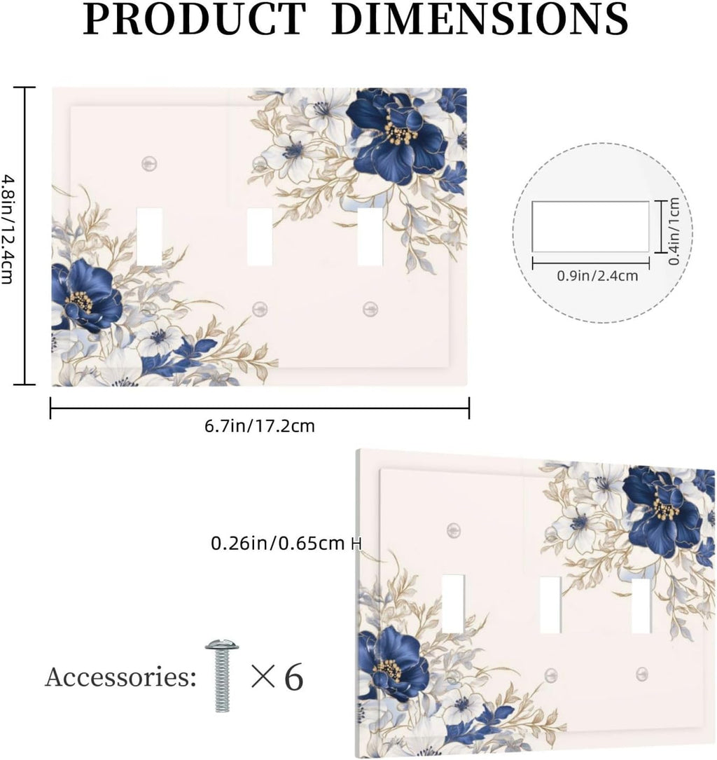 Decorative Light Switch Cover Plate Rustic Blue Beige Flower Peony Floral 3 Gang Wall Plates for Electrical Outlets Triple Toggle Switch Plate Covers Outlet Covers Faceplate for Bedroom Decor