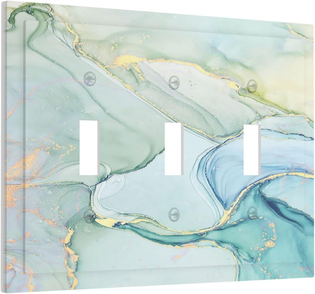 Decorative Switch Plates Teal Gold Marbling Turquoise 3 Gang Wall Plate Triple Toggle Light Switch Cover Faceplate Electrical Wall Panels for Bathroom living Room Decor