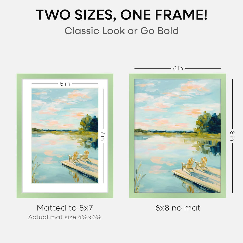 Homeforia Sage Green 6x8 Picture Frame, High End Metal 6 x 8 Frames with Mat 5 x 7 for Photo, 6by8 Desk Frame Matted to 5x7 inch Art, 6 by 8 Wall or Tabletop Frames, Tempered Glass, Wall Kit, Set of 2