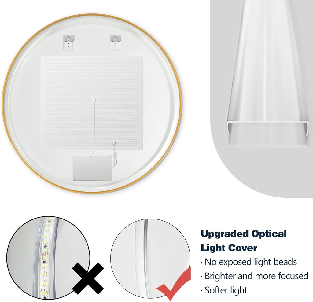 Niccy Round Led Mirror for Bathroom, 40" Backlit Mirror for Wall Circle Lighted Mirror with Gold Frame Anti-Fog, 3 Colors, HD Glass and IP65 Waterproof