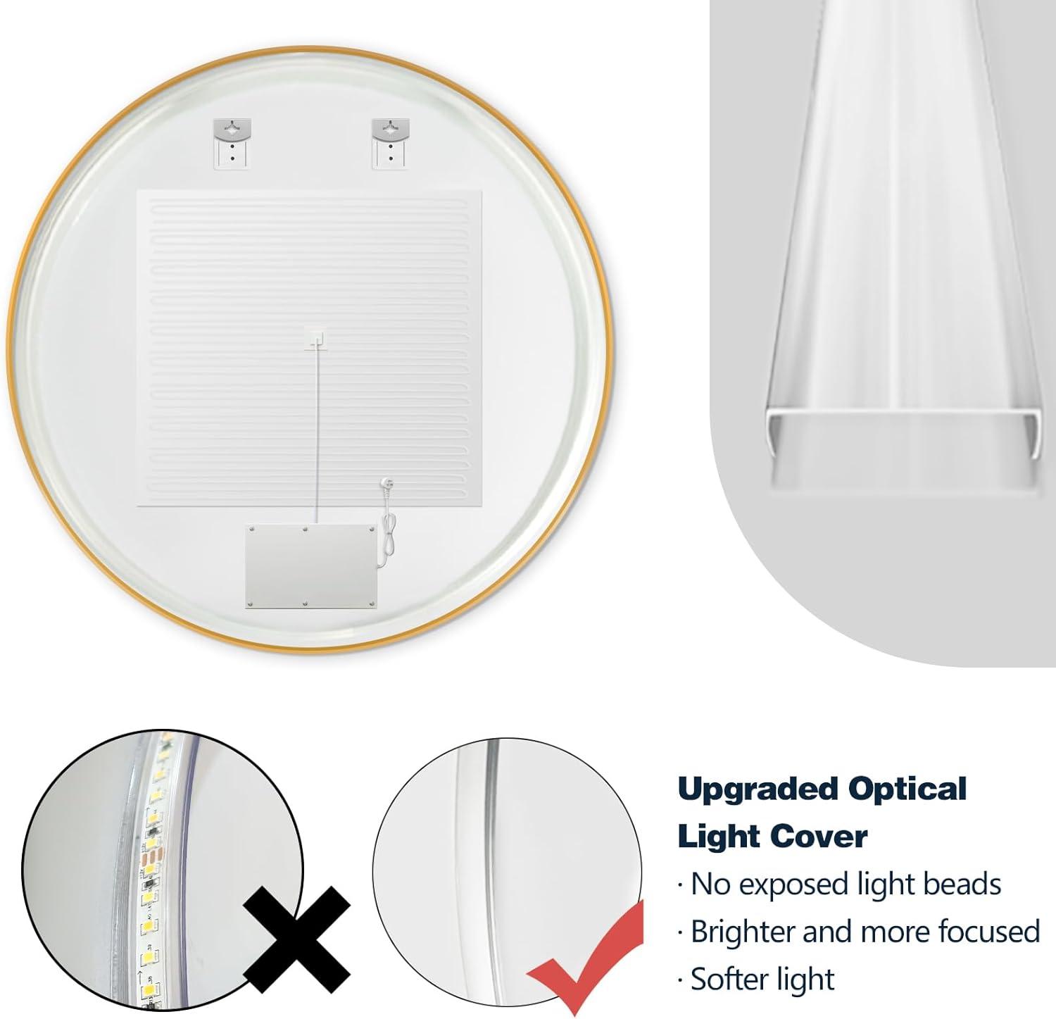 Niccy Round Led Mirror for Bathroom, 40" Backlit Mirror for Wall Circle Lighted Mirror with Gold Frame Anti-Fog, 3 Colors, HD Glass and IP65 Waterproof