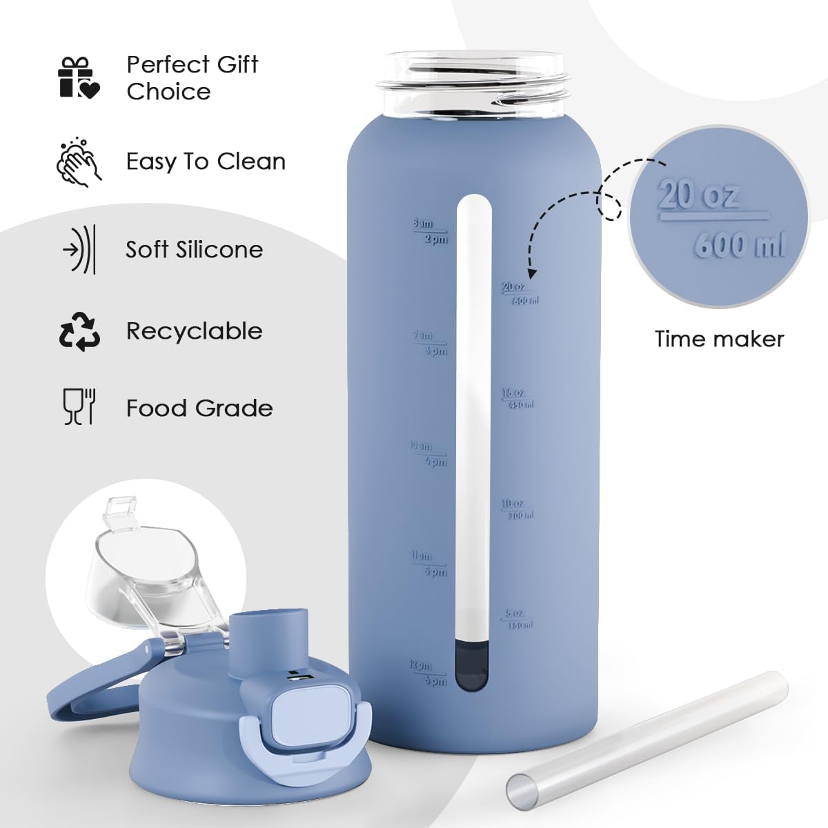 SANDJEST Glass Water Bottle with Silicone Sleeve 24oz with Lid, Motivational Time Marker, Drinking Hydration Glass Bottles for Men Women, Gym Travel Sports (Blue)