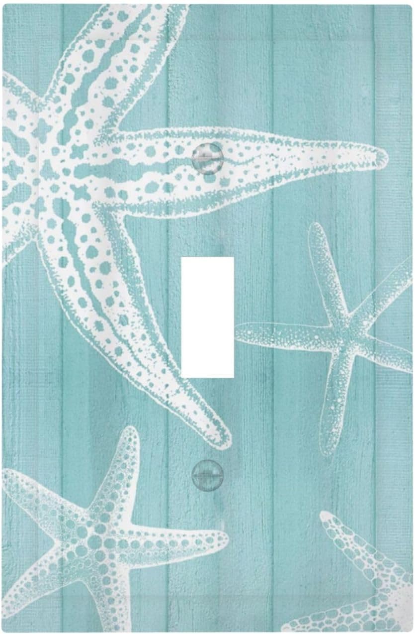 Decorative Light Switch Cover Plate Starfish Teal Wood Board Nautical 1 Gang Single Toggle Wall Plates for Electrical Outlets Outlet Covers Switch Plate Covers Faceplate for Bedroom Home Decor