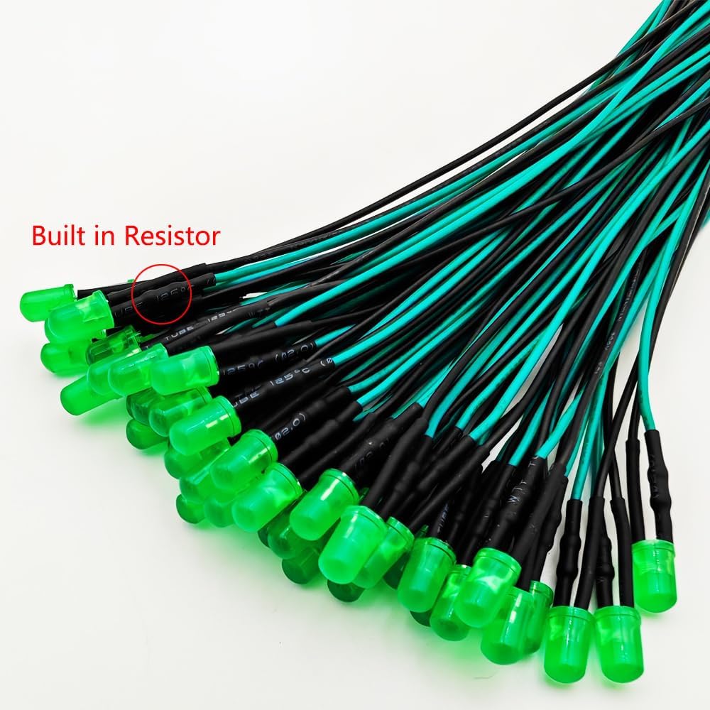 50pcs 110VAC 5mm Green LED Lights Emitting Diodes, Prewired 7.9 Inch V LED Light Diffused Colored Lens Small LED