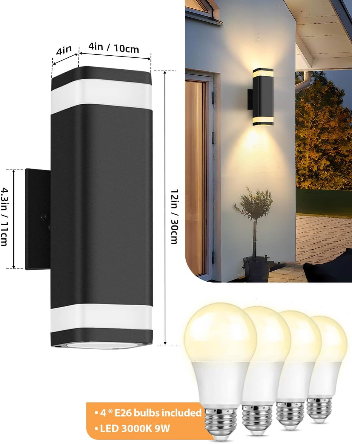 SHIMR Dusk to Dawn Outdoor Wall Light with Sensor 2 Pack, Waterproof Up and Down Outdoor Sconce Lights, Modern Black Aluminum Exterior Lighting Fixtures for Porch Patio Garage, LED Bulbs Included