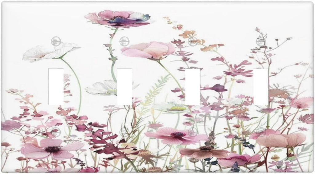 Floral Pink Watercolor Wildflowers Plant Flower Light Switch Covers Quad Toggle Electrical Faceplate 4 Gang Wall Plate Decorative Switch Plates Cover for Bedroom Living Room Decor