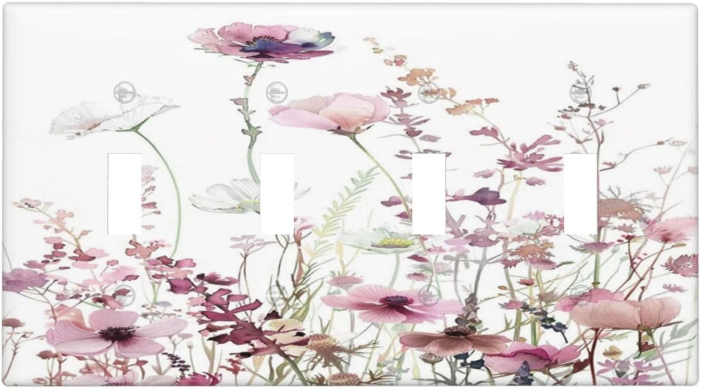 Floral Pink Watercolor Wildflowers Plant Flower Light Switch Covers Quad Toggle Electrical Faceplate 4 Gang Wall Plate Decorative Switch Plates Cover for Bedroom Living Room Decor