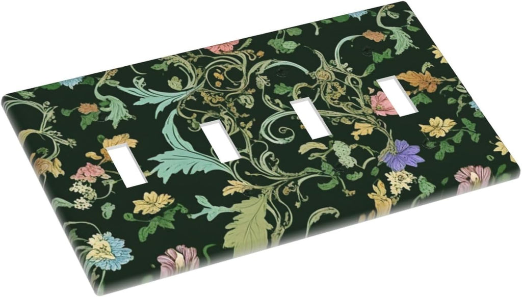 Decorative Light Switch Cover Plate Vintage Green Leaf Plant Rustic Pink Flower 4 Gang Wall Plate Oversized Quad Toggle Switch Cover Plate Jumbo Faceplate for Home Decor