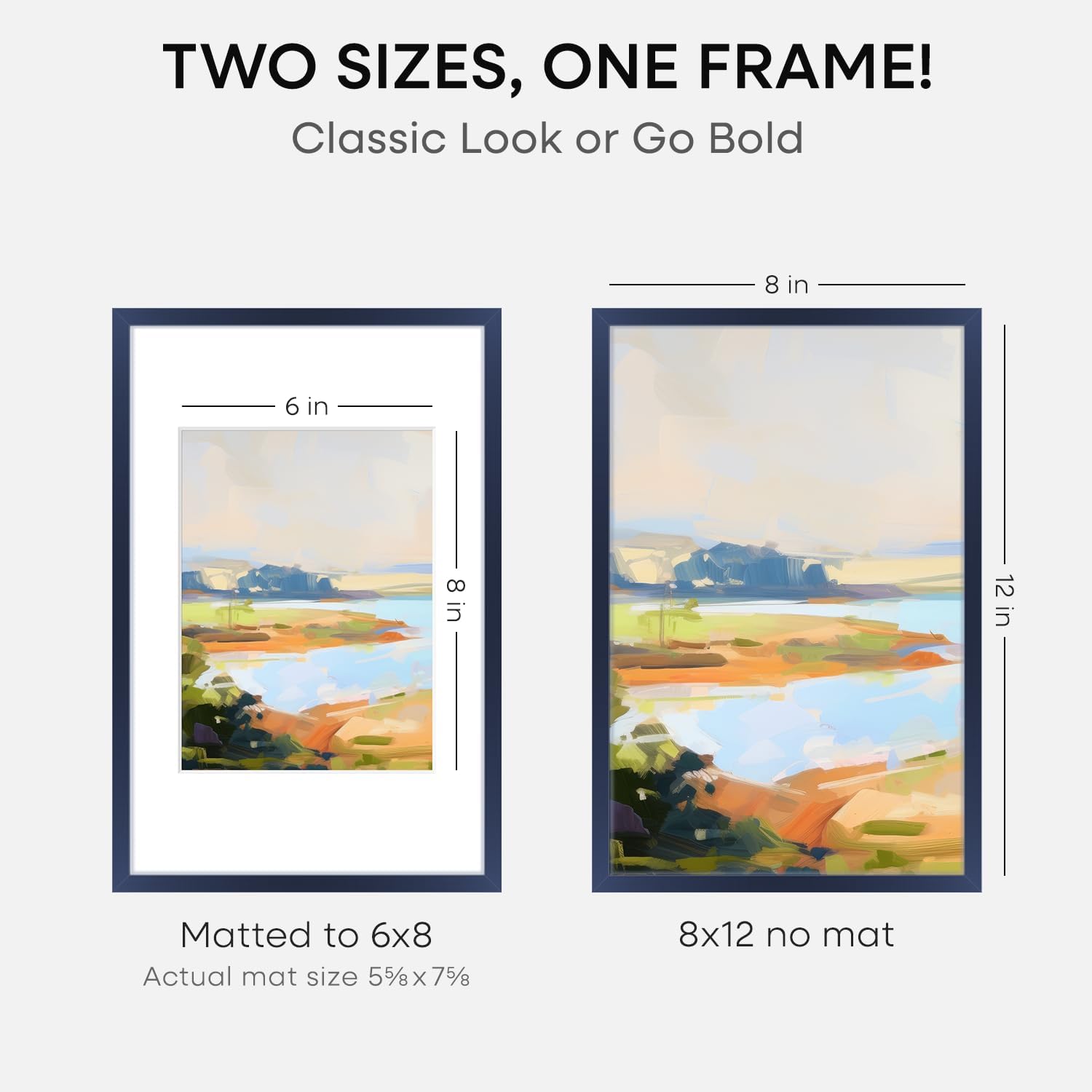 Homeforia 8x12 Picture Frame Navy Blue, High End Metal 8 x 12 Poster Frames with Mat 6 by 8 Photo, 12x8 Frame Matted to 6x8 inch Print, 8by12 Wall or Tabletop Frame, Tempered Glass, Wall Kit, Set of 1