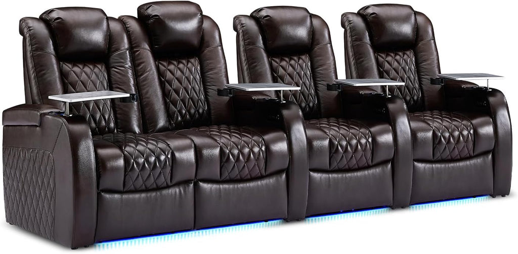 Weilianda Home Theater Seating Top Grain Leather Zero Gravity Recliner Chair Power Headrest Recline Movie Seat Gaming 7 Colors Mood Light Sofa with Tray Table USB Charge Row of 4 Loveseat Left Brown