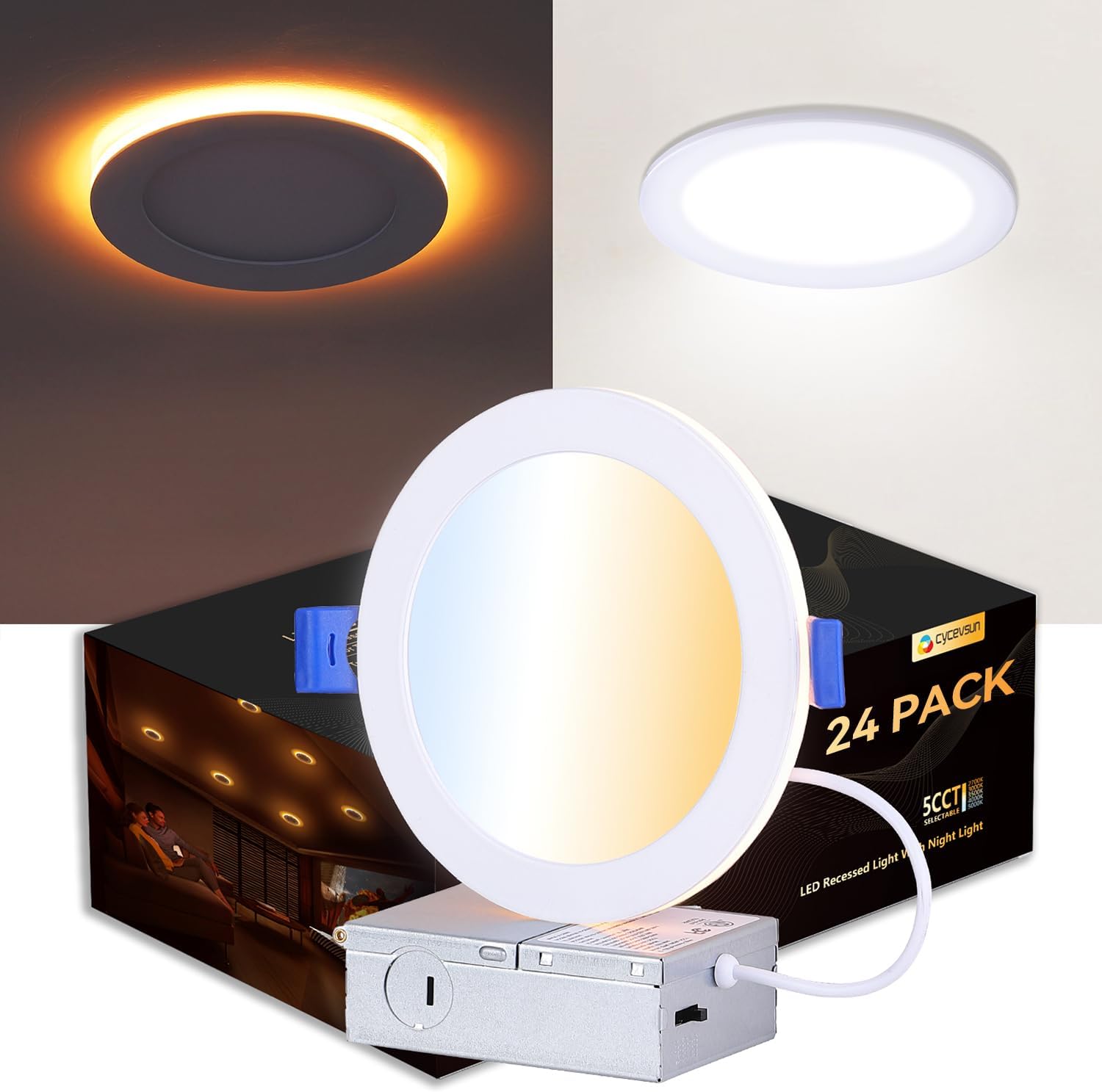CycevSun 24 Pack 6 Inch LED Recessed Lighting with Night Light - Canless Ultra Thin Wafer Downlight Soffit Pot, Dimmable & 5 Color Temperature Selectable, 12W, ETL & Energy Star