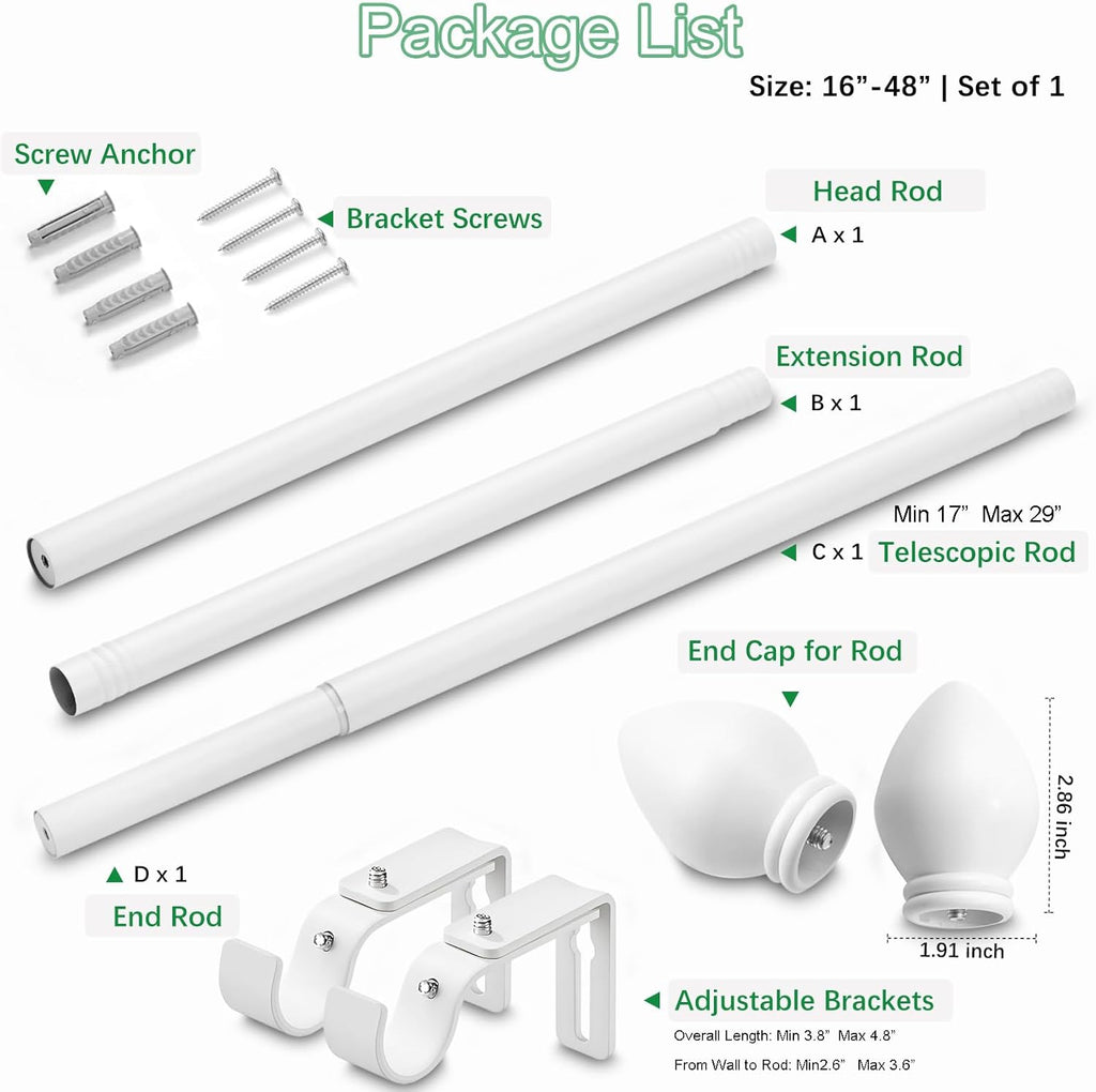Curtain Rods for Windows 16 to 48 inches, Curtain Rod Max Adjustable Length to 60 in, Drapery Rod 1 inch Diameter with Modern Knobs Finials (White, 16" to 48" - Set of 1)
