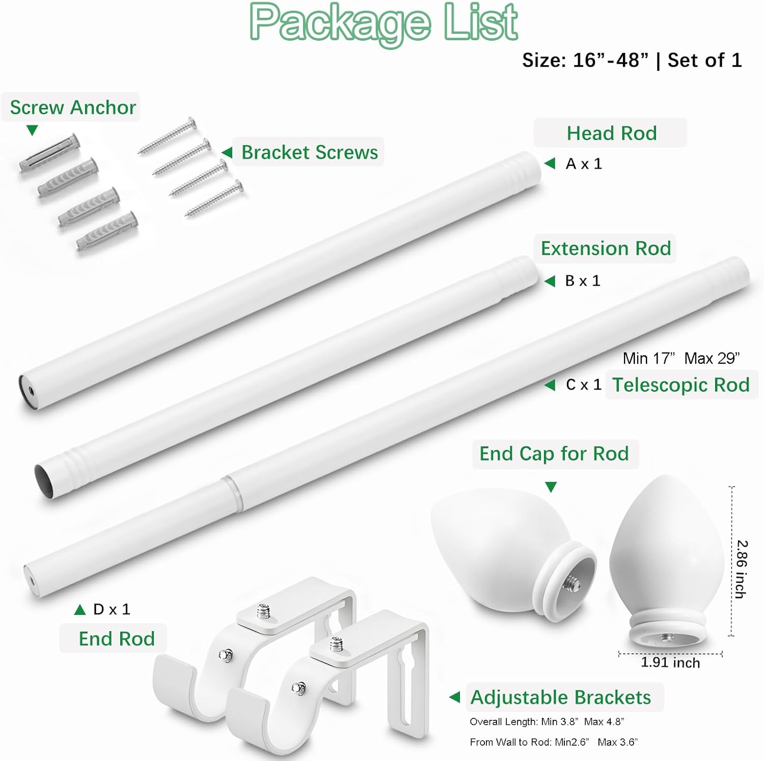 Curtain Rods for Windows 16 to 48 inches, Curtain Rod Max Adjustable Length to 60 in, Drapery Rod 1 inch Diameter with Modern Knobs Finials (White, 16" to 48" - Set of 1)