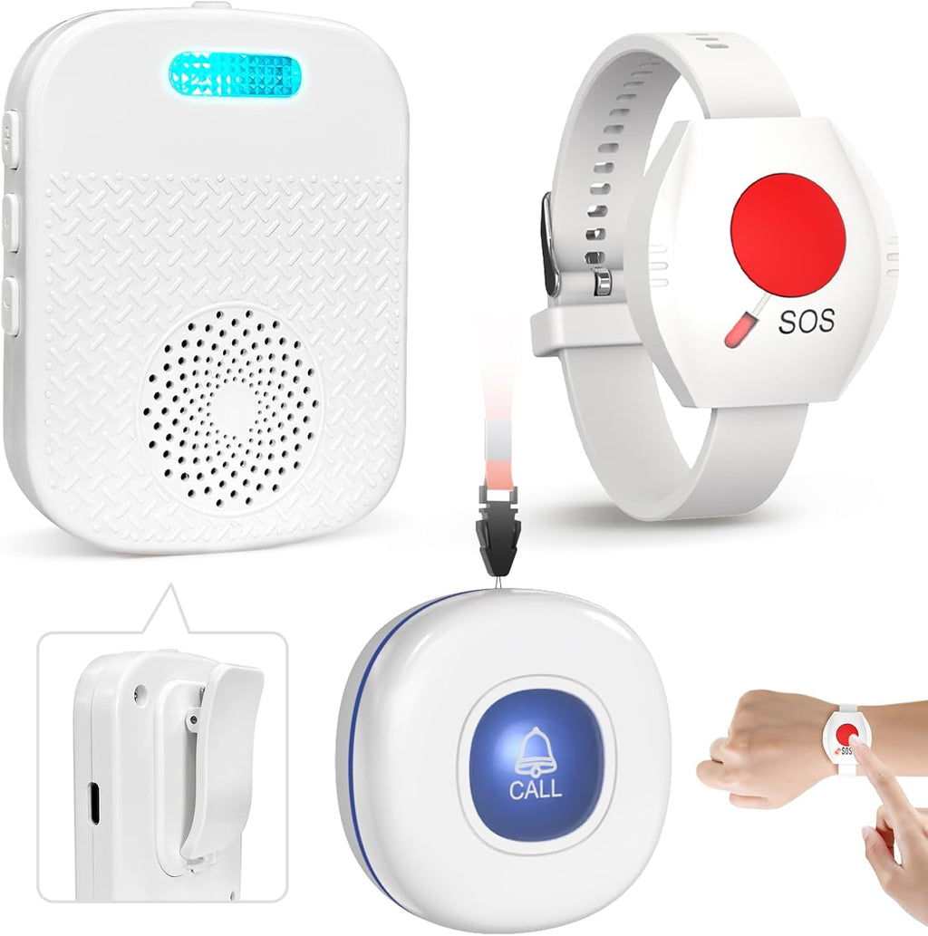 CallToU Caregiver Pager Wireless Call Buttons for Elderly Monitoring Portable Call Bell with 2 Panic Button and 1 USB Receiver,500ft Range Nurse Alert System for Home Care Seniors (FCC Certified)