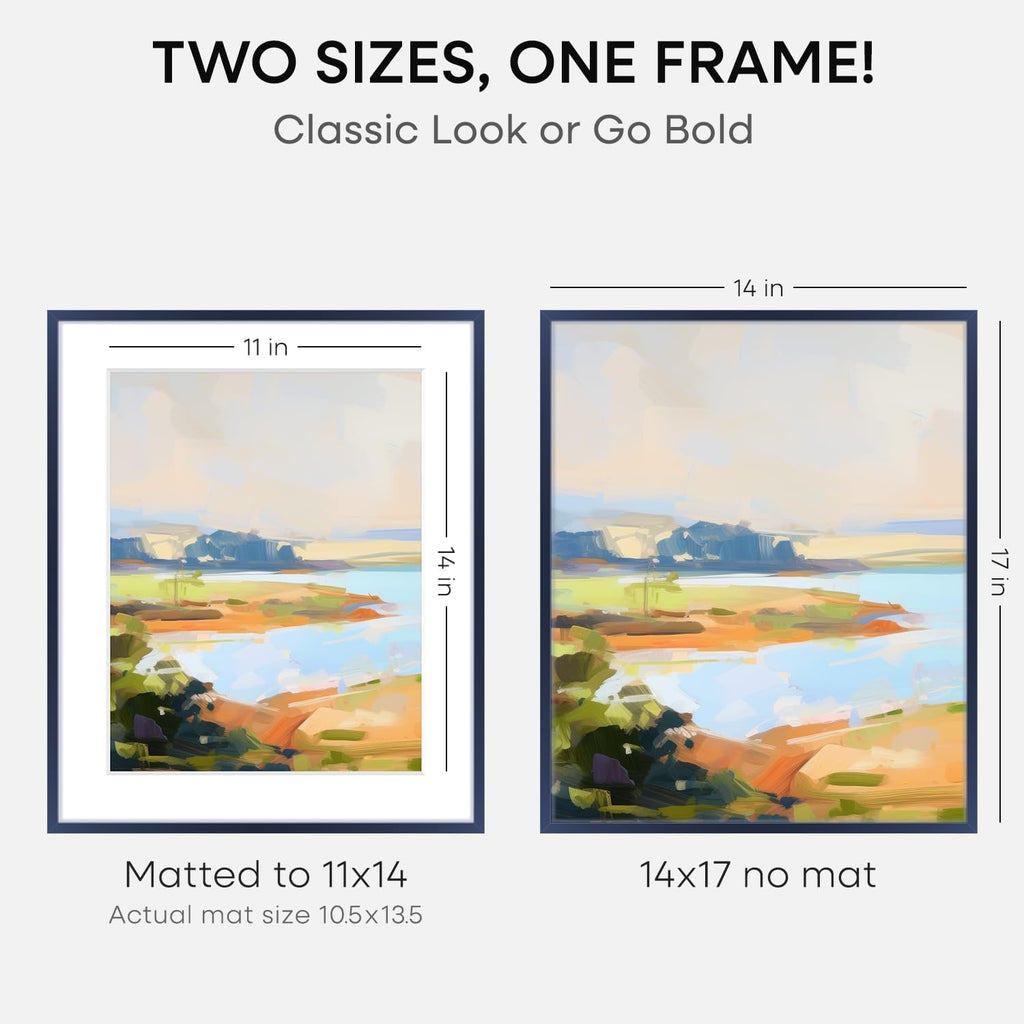 Homeforia 14x17 Picture Frame Navy Blue, High End Metal 14x17 Poster Frames with Mat 11x14 inch Photo, 14 x 17 Navy Blue Frame Matted to 11 by 14 Print, 17x14 Frame, Tempered Glass, Wall Kit, Set of 1