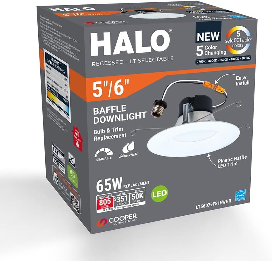 HALO 5 inch / 6 inch LED Recessed Light Trim 750 Lumens Dimmable Baffle Can Light with 5 Color Temperatures for Ceiling Indoor Outdoor Shower LT56079FS1EWHR