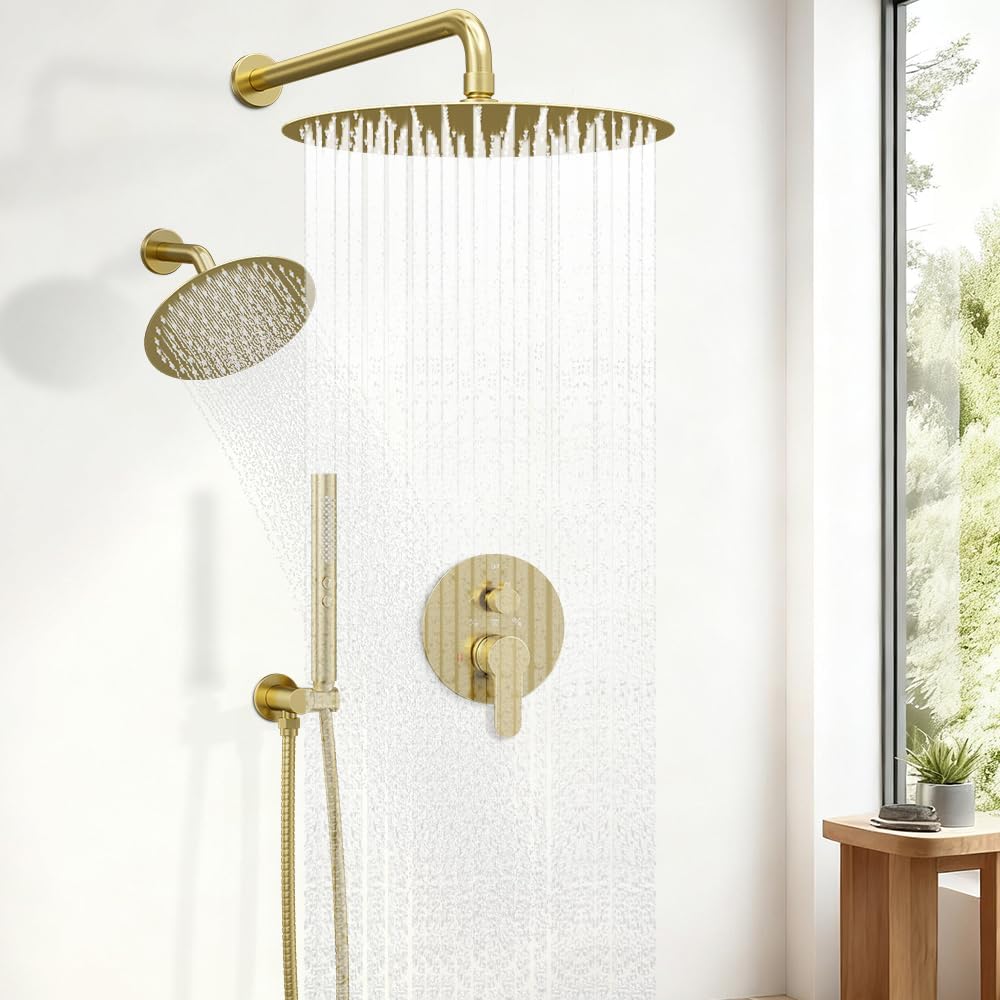 Shower Systems STARBATH 12+6" Round Dual Rainfall Shower Head with Handheld Spray for Two People, Wall Mounted 3 Way Rain Shower Faucet Sets Complete, Included Valve and Trim Kit, Brushed Gold