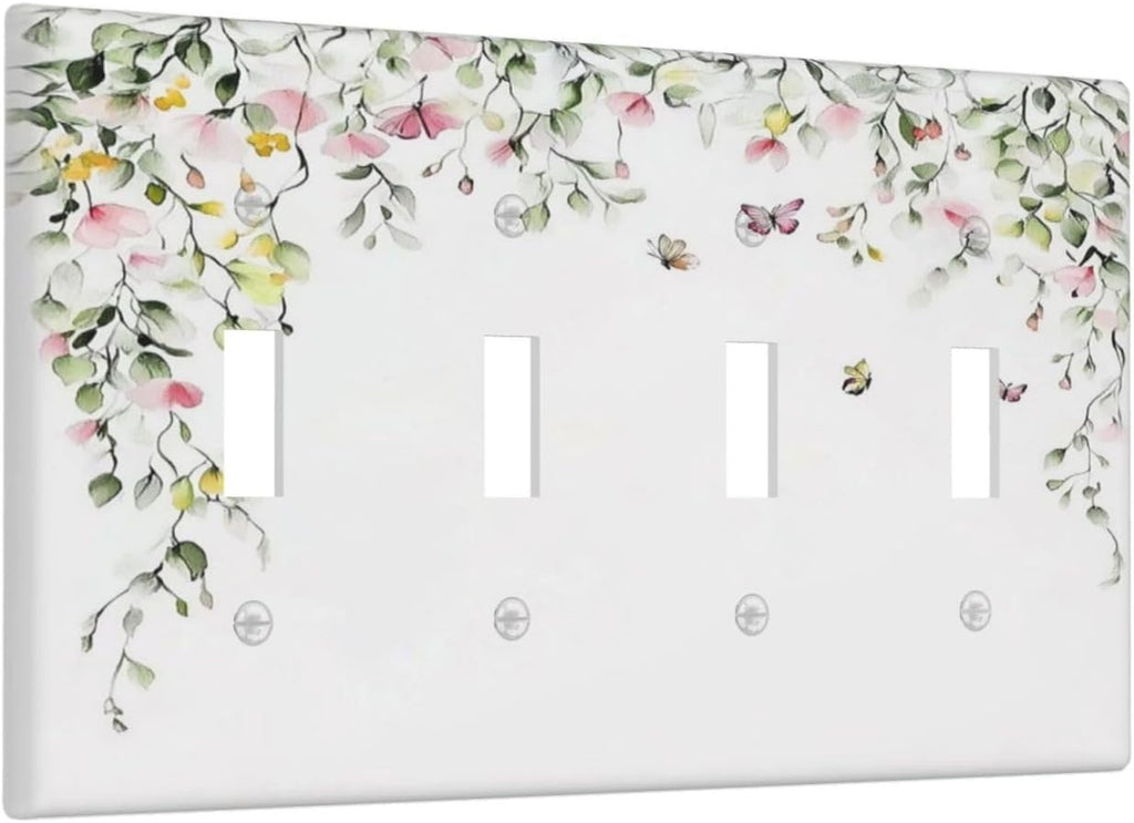 Watercolor Flowers Vine Colorful Butterfly Floral Light Switch Covers Quad Toggle Electrical Faceplate 4 Gang Wall Plate Decorative Switch Plates For Bed Room Living Room Decor