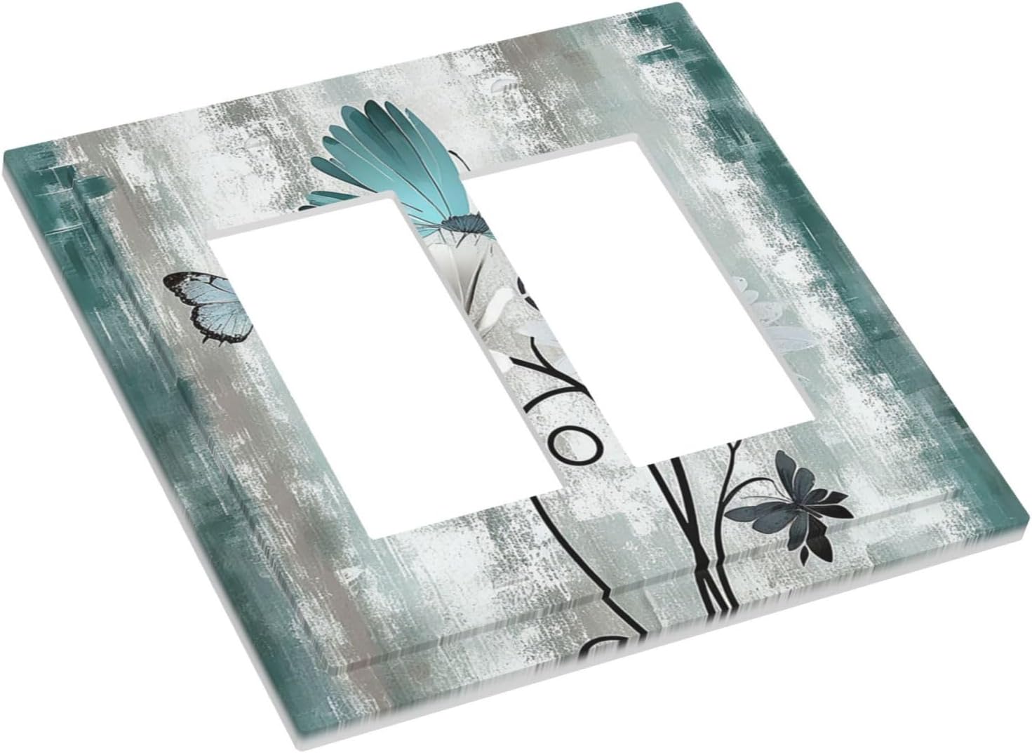 Decorative Outlet Covers Rustic Teal Daisy Floral Flowers Butterfly Wood Grain 2 Gang Double GFCI Rocker Electrical Wall Panels Light Switch Cover Plate for Bathroom Bedroom Decor