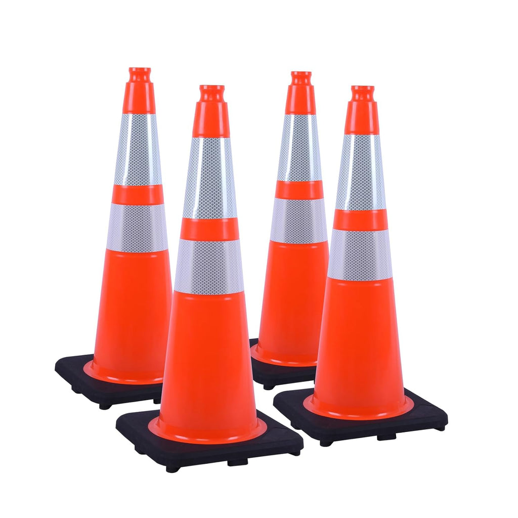 4 Pack 28 Inch Orange PVC Traffic Cones Black Base Stable Flexible, Road Safety Construction Zone Crowd Control Parking Safety Markers (4, Orange, 28 Inch)