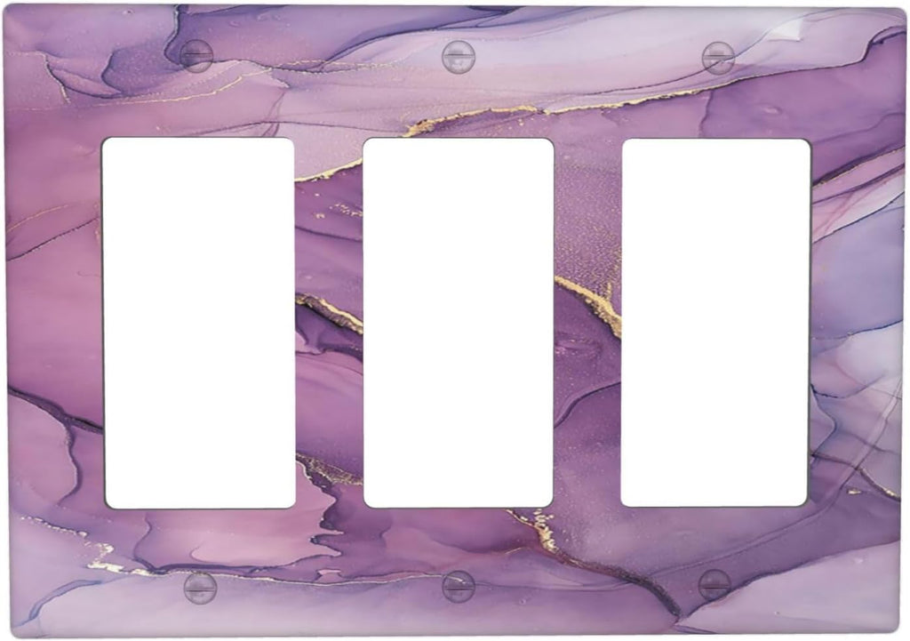 Light Switch Covers Purple Marbling Golden Line 3 Gang Rocker Electrical GFCI Decorative Triple Outlet Wall Plate Cover Switchplate for living Room Bathroom Decor
