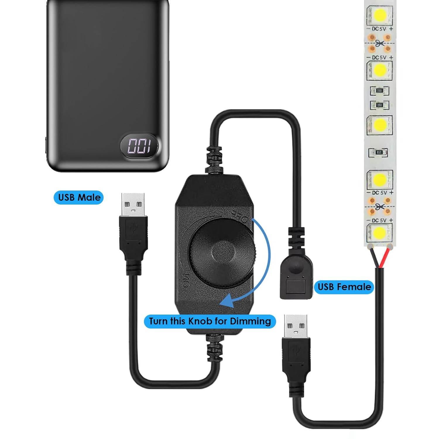 Onite 2-Pack USB Rotary Dimmer Switch with Knob, Current Adjustable Controller for 5V USB LED Strips, Lights, USB Fans (Black)