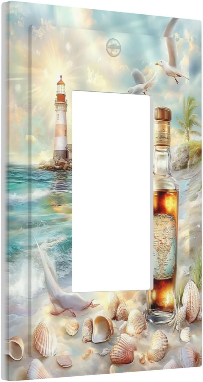 Decorative Outlet Covers Beach Ocean Lighthouse Seashells 1 Gang Single Rocker Light Switch Cover Plate Wall Plates Gfci Faceplate For Bed Room Living Room Decor