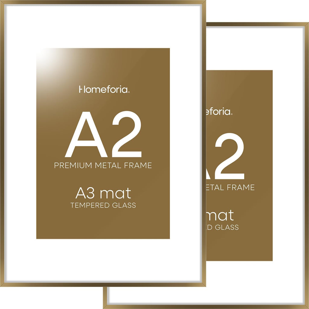 Homeoforia A2 Picture Frame Bronze, High End Metal 16.5 x 23.4 inch Poster Frames with Mat 11.7 by 16.5 Photo, A2 Size Brass Frame Matted to A3 Print, 16.5x23.4 Hanging Frame, Tempered Glass, Set of 2