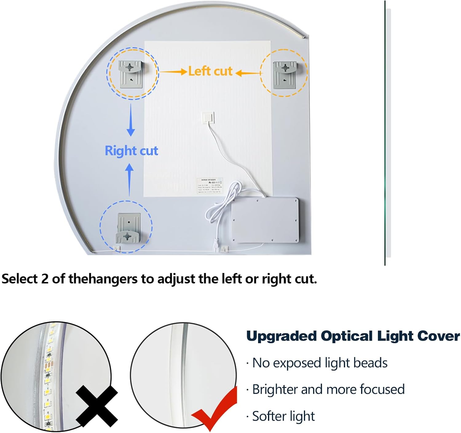 Niccy 40" Semicircular Wall Mounted Frameless LED Mirror, Modern Half Moon Design, Anti-Fog, Shatter-Proof, 3 Color Temperatures, Dimmable Light, Bathroom & Bedroom Use