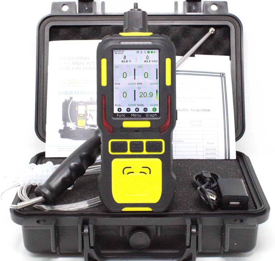 4 Gas Data Logger Monitor | Built-in Pump Multi Gas Meter | O2, CO, H2S, LEL | Color Display & Graphing | USA NIST Calibration | Computer Data Logging |