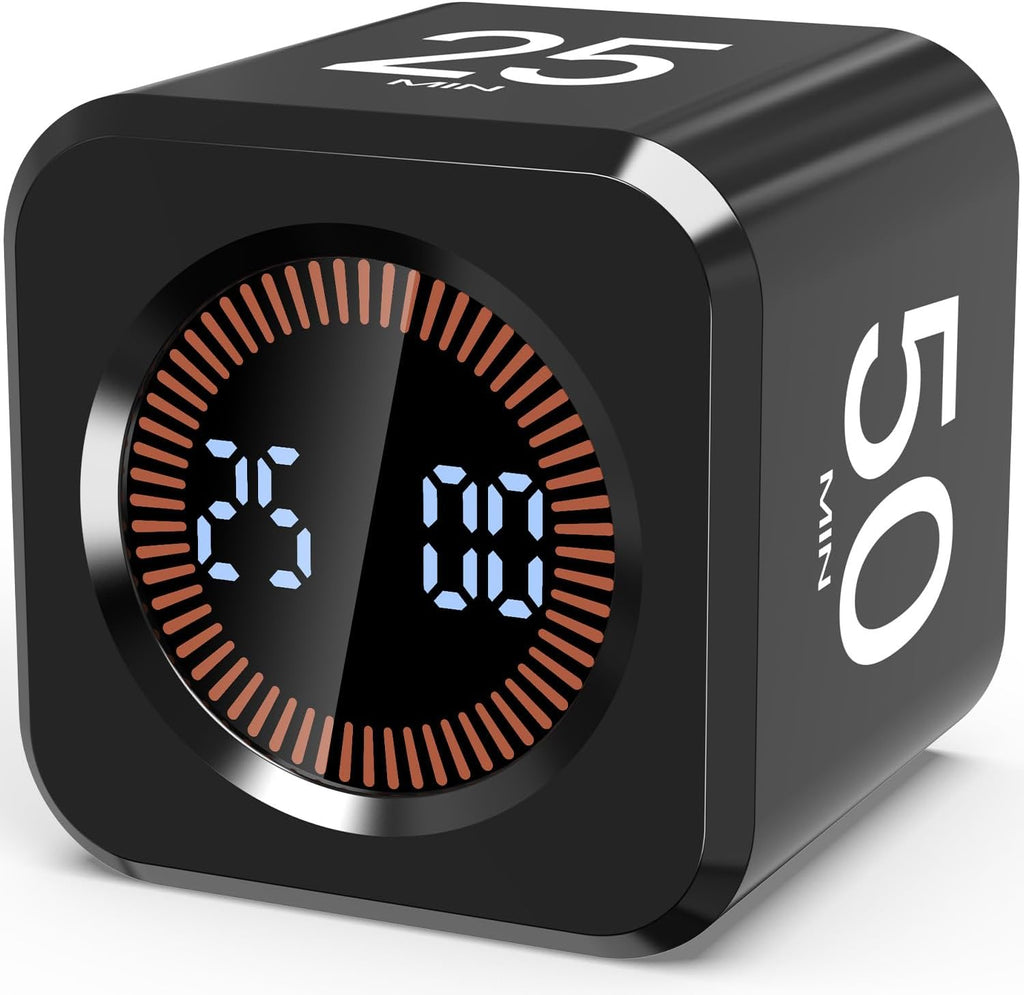 Pomodoro Timer Cube Visual Productivity Flip Timer for Kids Classroom Desk, 5/10/25/50min&Custom Countdown, Silent&Sound Mode Digital Cube for ADHD Study Work School Game Kitchen (Black)