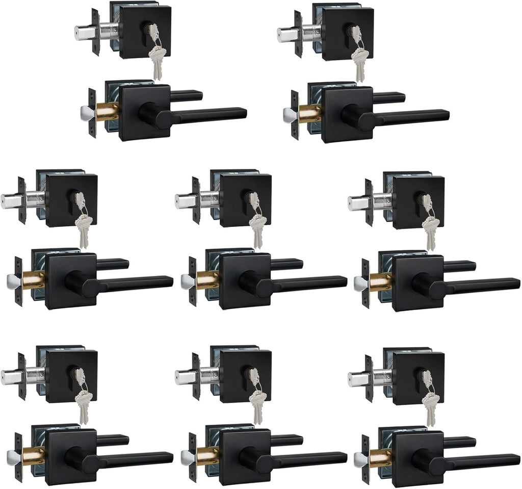 8 Sets Passage Door Lever and Single Cylinder Deadbolt Lock Set, Heavy Duty Square Handle for Entrance and Front Door, Matte Black, Different Keys
