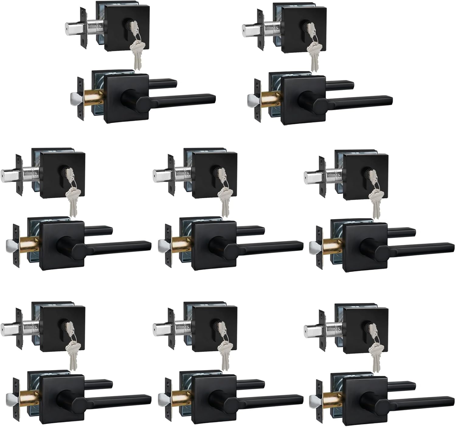 8 Sets Passage Door Lever and Single Cylinder Deadbolt Lock Set, Heavy Duty Square Handle for Entrance and Front Door, Matte Black, Different Keys