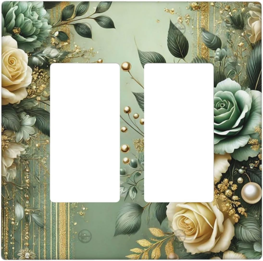 Decorative Outlet Covers Rustic Green Floral Leaves Teal Flowers Gold Stripe 2 Gang Wall Plate Double Rocker Two Switch Wall Cover Plate Jumbo Dual GFCI Faceplate