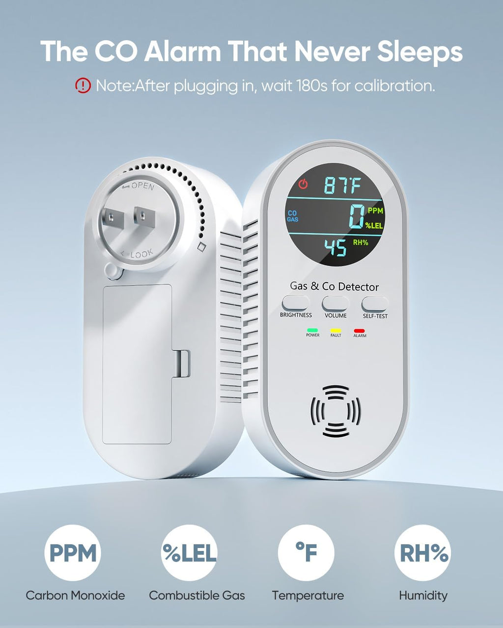 5-in-1 Carbon Monoxide Detectors, Natural Gas Leak Detector, Plug-in & Battery Backup Co Detector, HD Digital Display, CO Gas Temp Humidity Sensor, 1-Pcs, White