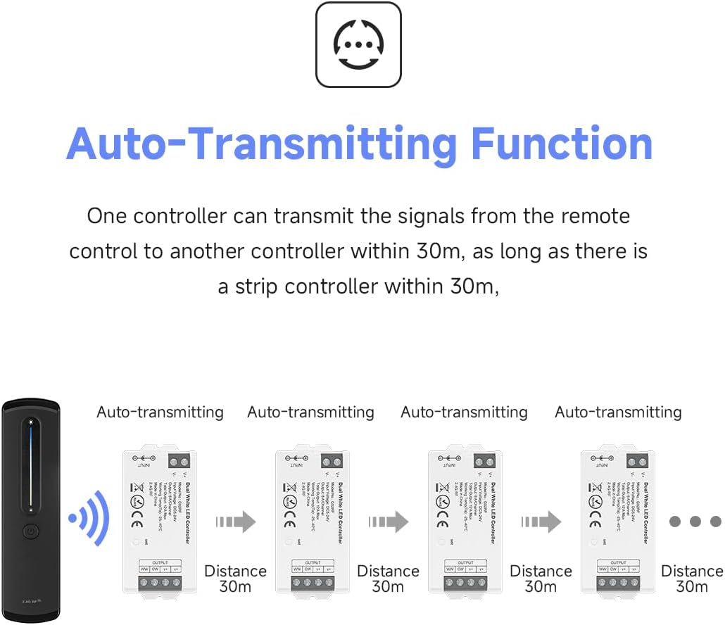 BTF-LIGHTING RC08RFB & C02RF Dual White RF 2.4GHz Wireless Tuya Controller Kit Dim Brightness/Color Temperature,Touch Slide Control for PWM (+ CW WW) 3PIN SMD FCOB CCT LED Strip DC5V DC12V DC24V